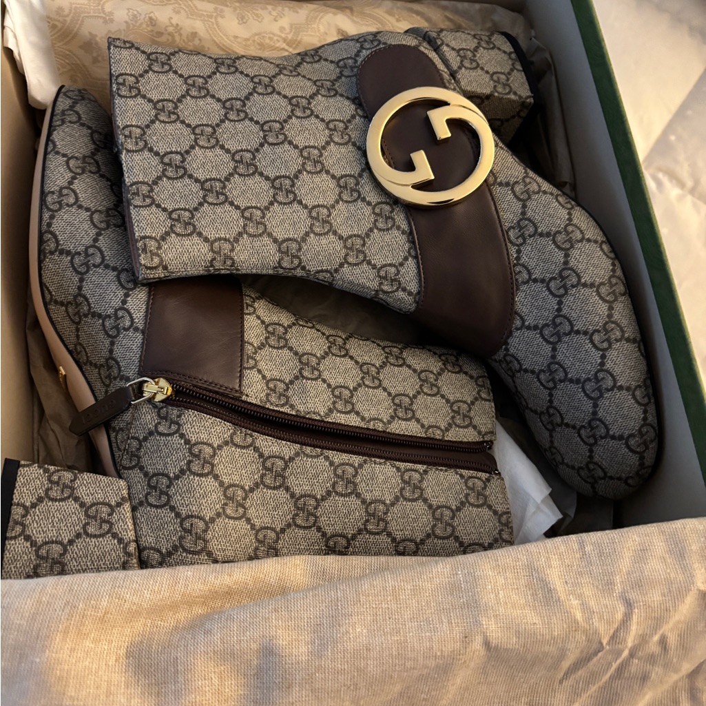 Gucci Gray Monogram Bag With Gold Buckle